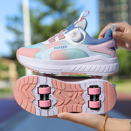 Kids Two Wheels Roller Skating Shoes with Light Magic Stick Walking Shoes, Detachable Wheels Roller Skate Shoes for Teenagers