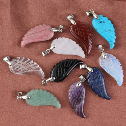 KFT Natural Stones 35mm Carve Angel Wing Pendants Rock Crystal Opalite Fluorite Lapis Lazuli Rhodonite Pendant Women Men Jewelry