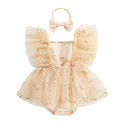 Citgeett Summer Infant Baby Girls Bodysuit Dress Fly Sleeve Floral Embroidery Tulle Jumpsuit Bow Headband Clothes