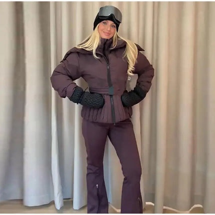Women Peplum Ski Jackets Hooded Stand Collar Belt Waist Zipper Solid Puffer Jacket Fashion Sheath Warm Sport Winter 2025 Skiwear