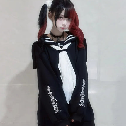 Japanese Subculture Mine Series Sweatshirt Gothic Cross Embroidery Navy Collar Long Sleeve Oversized Zipper Sweatshirt Jacket