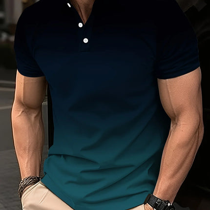 Men's fashion gradient color shirt polo lapel golf shirt short-sleeved printed button clothing, fashionable design, casual and b