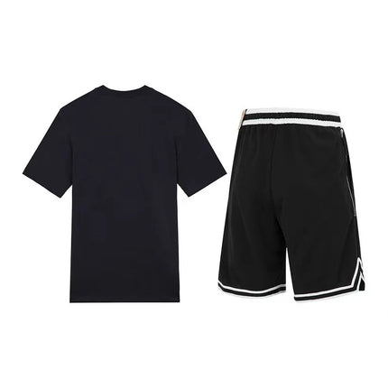 Nike Letter Print Crew Neck Short Sleeve T-Shirt & Color Block Retro Striped Shorts Cas AR5007-011+DH7161-010 ual Sports Set