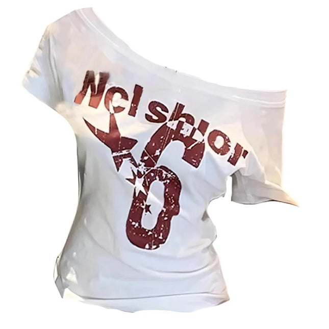 Fashion Y2k Off Shoulder Top Skew Collar Body Basic Short Sleeve Letter Print T Shirt Vintage Style