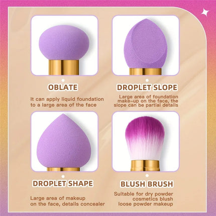 3 Pcs Double Ended Purple Makeup Sponge and Brush Set, Easy to Use, Portable Travel Set