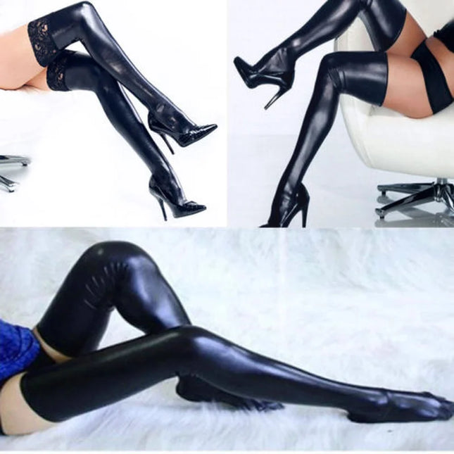 Women PU Leather Lace Stockings Imitation Sexy Wetlook Black Lingerie Hot Erotic Fetish Clubwear Costumes  bodysuit