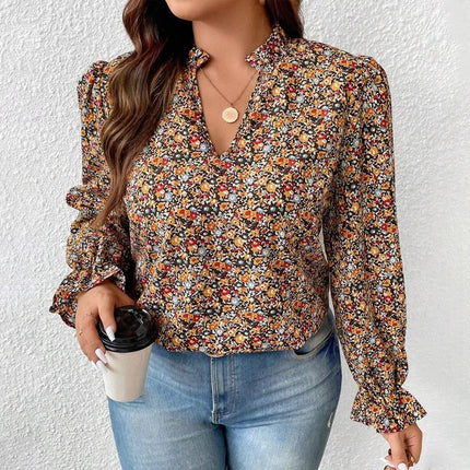 Plus Size Women's Shirt, Flower Print V Neck Long-Sleeved Top, Loose Fit, Elegant Design, Fabric Soft, Vacation Casual Shirt
