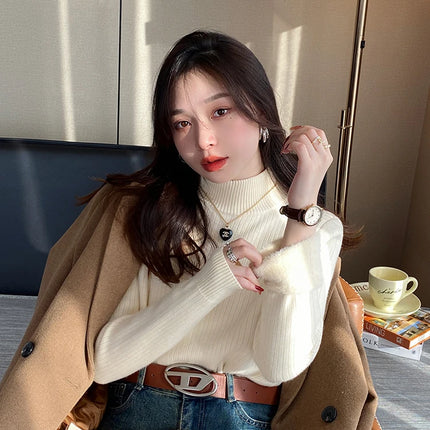 Women's Turtleneck Sweater Winter 2025 Retro with Velvet Lining Thickened Inner Wear Thermal Knitting Bottoming Shirt Pullovers