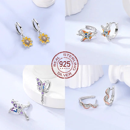 2025 New 925 Sterling Silver Earrings Simple Bow Strawberry Butterfly Hoop Stud Earrings for Wedding Party Women Jewelry Girls