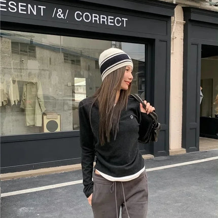 2024 Autumn Winter Long Sleeves Korean Fashion Style O-neck T-shirt For Women Fake Two-Piece T-shirts Ladies Top Tee Clothes