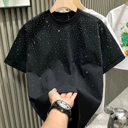 Summer Rhinestone Rivet T-shirt for Men Clothing Round Neck Casual T-shirt Fashion High Street 2025 Men's Summer Short Sleeves
