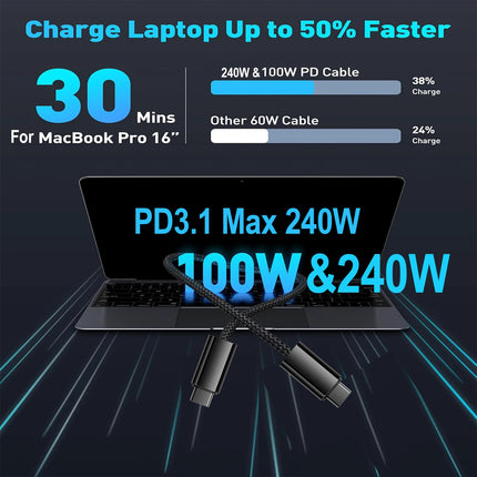 240W/100W PD3.1 Fast Charging Cable for iPhone17/16/15, Samsung S24/23/22, iPad Pro, Macbook Pro, Nylon Braided Durable Cable.