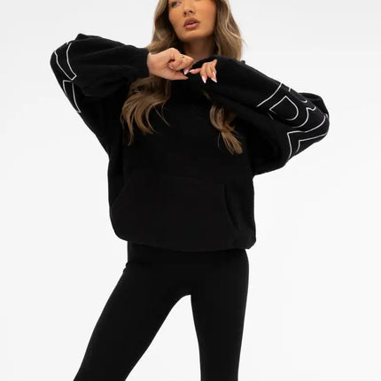 Women Sweatshirts Black Hooded Pullover Big Letter Print Loose Fit New Comfortable Casual Streetwear Minimalist Style Daily Wear