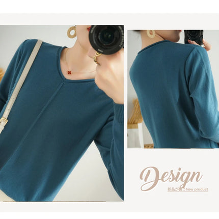 2023 Autumn/Winter Women's New Pullover Casual Solid 100% Cotton Knitted V-Neck Loose Sweater Fashion Soft Breathable Top