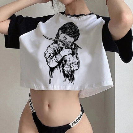 Crop Top Gothic Horror Y2k Aesthetic 90s Satan T Shirt Women Satanism Evil Demon Grim Death Tshirt Female Cropped T-shirt