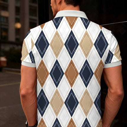 2026 Summer New Style Men's Short-Sleeved Polo Shirt with 3D Check Pattern Print - Street Casual Fashionable and Comfortable