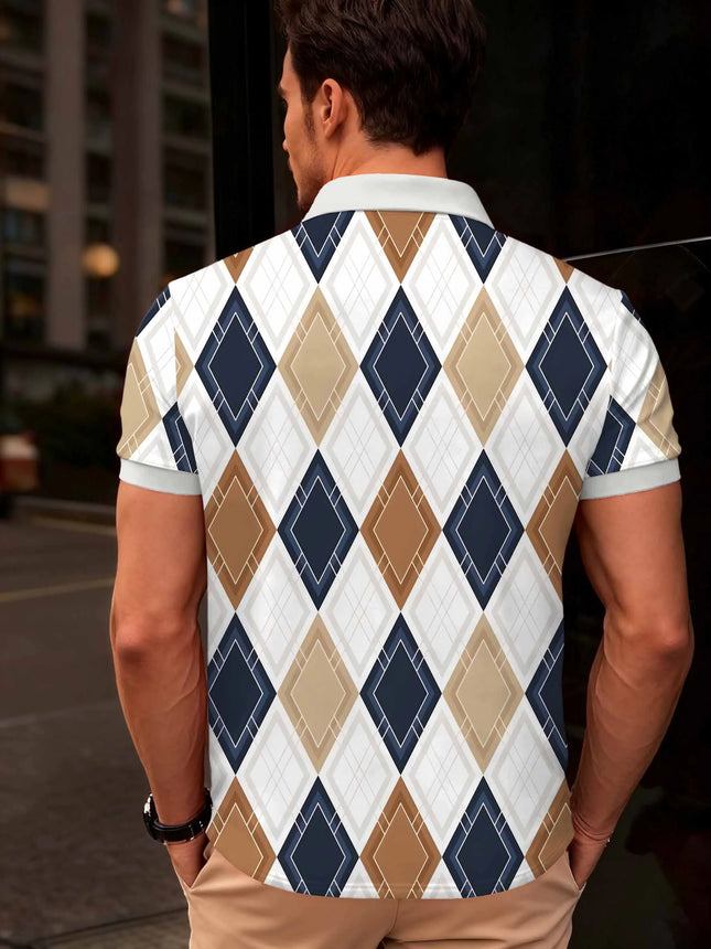 2026 Summer New Style Men's Short-Sleeved Polo Shirt with 3D Check Pattern Print - Street Casual Fashionable and Comfortable