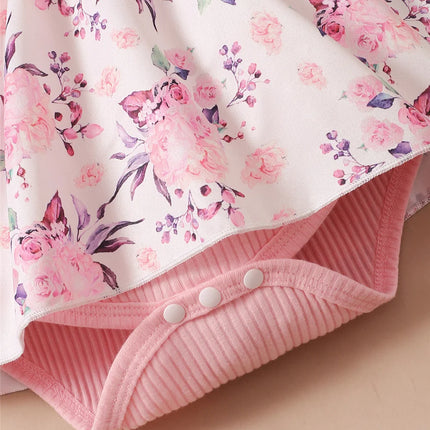 0-18 Months Baby Girl Floral Romper Dress Fly Sleeve Summer Ribbed Jumpsuit with Headband Newborn Baby Girl 2PCS Outfit