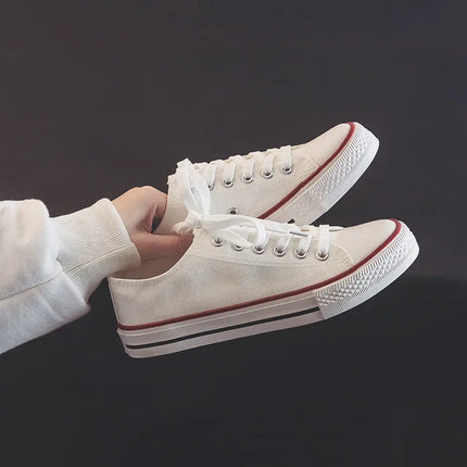 Flat Bottom Canvas Shoes Women's Versatile Low Cut Rubber Sole Pure Color Adult Slip-On Fashion Trendy White Sneakers