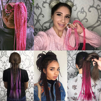 Synthetic Gradient Color Dirty Braided Ponytail Extensions With Elastic Band 24" Rainbow Braid Pony Tail Hairpiece For Girl