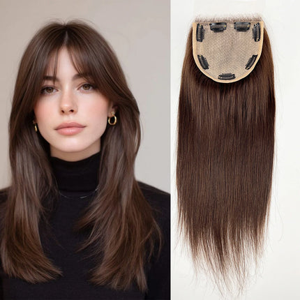 Medium Brown Silk Base Lace Closure With Clips In 5x5inch Silk Top Topper with Natural Bangs European Remy Human Hair Toupee
