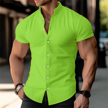 Men's Stand Up Collar Printed Shirt Solid Color Short Sleeved Button Linen Shirt Hawaii Vacation Beach Breathable Shirt