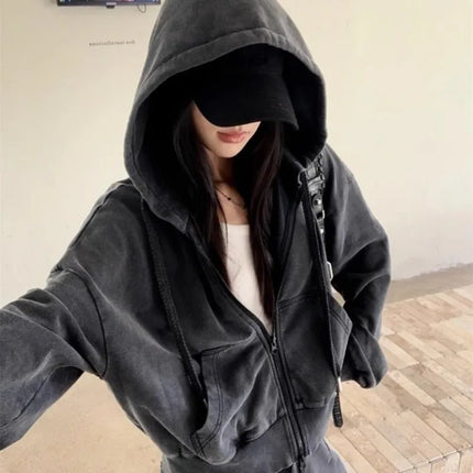 2025 New Women Loose American Zip Hoodie Washed Vintage Black Grey Autumn Winter Fashion Casual Streetwear