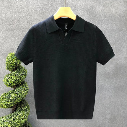 Men's Polo Neck Short Sleeve Knitted Sweater Slim Fit Summer Fashion Turn-down Collar Base Shirt Casual Style Pure Color