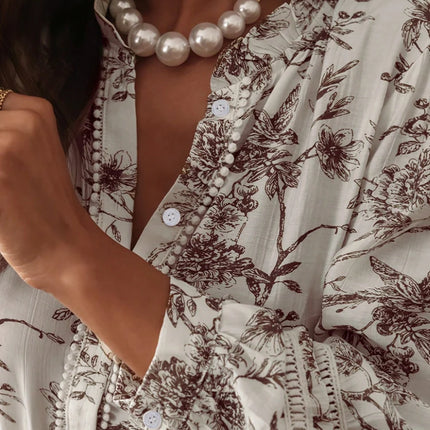 Spring/Summer 2026 Collection Elegant Printed V-Neck Puff-Sleeve Shirt Featuring Button Details Casual and Versatile