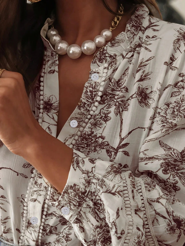 Spring/Summer 2026 Collection Elegant Printed V-Neck Puff-Sleeve Shirt Featuring Button Details Casual and Versatile