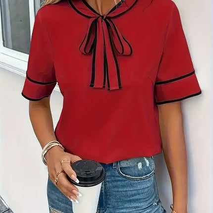 Women Fashion Elegant Plus Size 1XL-5XL Red Bow Half-Sleeve Blouse Shirt Ladies Casual Elegant Blouse Short Sleeve Shirt