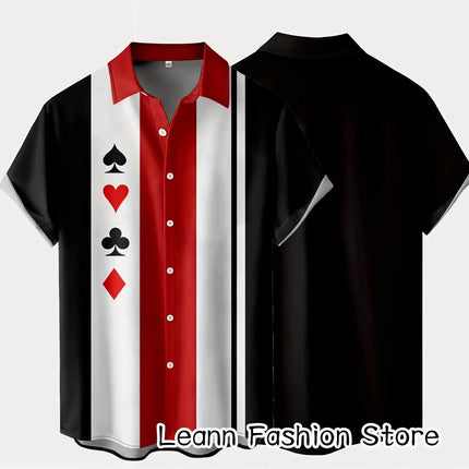 Men's Summer Poker Symbol Stripe Print Shirt Casual Beach Short Sleeve Clothing Male Button Lapel Collar Shirt Fashion Leisurewear