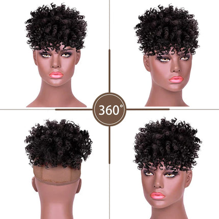 Leeons New Synthetic Afro Kinky Curly Hair Bangs Puff Hair Bun Drawstring Ponytails Clip On Hair Extension Updo Pineapple Fringe