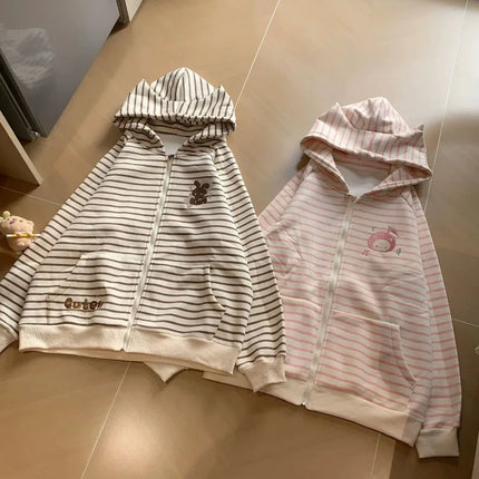 Spring New Vintage Stripe Hoodies Cute Girl Y2K Zip Up Hoodie Coat Versatile Retro Age Reducing Sweatshirt Kawaii Clothes Korean