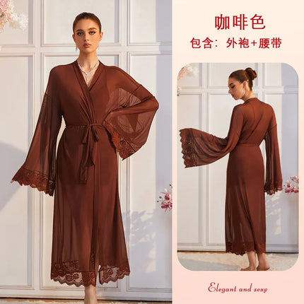 Sexy See-through Mesh Nightgown For Home Leisure Lace-up Cardigan Thin Bathrobe For Women Solid Color Dress Elegant M9ET