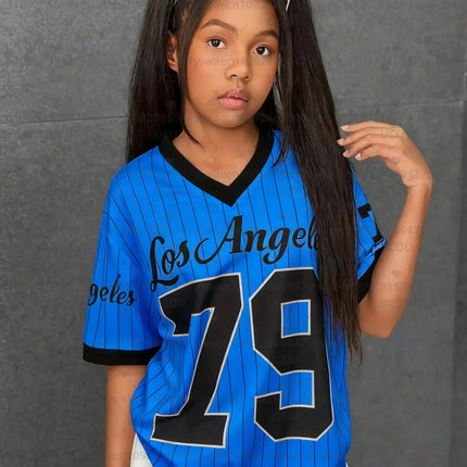 Girls Casual Sports Style Los Angeles NO.79 Print Short Sleeve V-Neck Women's Children Men's T-shirt Tops