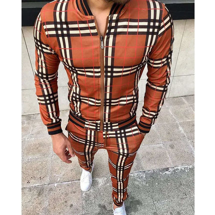 2025 Men Tracksuit 2pc Set Gym Hiking Plaid Zipper Hoodie Cargo Pants Autumn Athleisure Outfit Fleece Jogger Sportswear