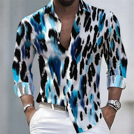 New Men's Leopard Print Long-Sleeved Shirt, Trendy Retro Slim-Fit Turn-Down Collar Casual and Stylish Men's Shirt, Sizes S-6XL.