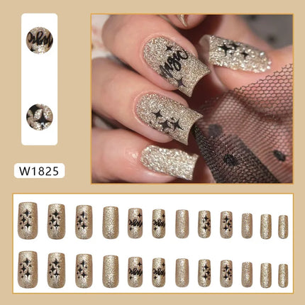 Thousands Stars 24 Pcs Press on Nails Pink Nail Polish Glossy Artificial Finger Manicure Reusable False Nails for Women