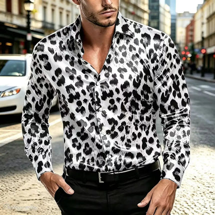Men's satin leopard print long sleeved shirt, luxurious glossy button up shirt, nightclub party casual fashion shirt