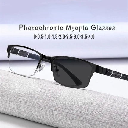 Business Men's Photochromic Myopia Glasses Unisex Half Frame Square Near Sight Eyeglasses Optical Prescription Minus Eyewear