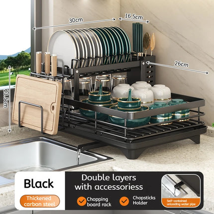 Multifunctional Kitchen Dish Drying Rack Adjustable Over Sink Plate Organizer with Removable Drainboard