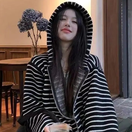 2000S American Vintage Striped Loose Long Sleeve Hooded Sweatshirt Y2k Subculture Casual Zip Up Hooded Cardigan Harajuku Coats