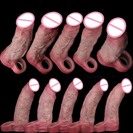 FAAK 10 Mode Remote Control Vibrator Realistic Penis Sleeve Male Sex Toys for Men Penis Enlarger Thicken Dildo Cock Ring