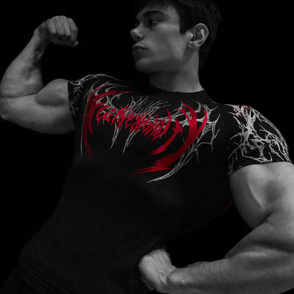 05-Men's Wing & Cross Print Compression Tight Fit Short Sleeve Sports Shirt Workout Tops Gym Compression High Stretch