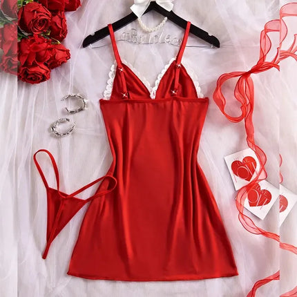 Night Sets Adult Micro Dress V Neck Babydoll Women's Pajamas Sexy Costume Lace Nightgowns Sexi Sleepdress Underwear Thongs Suit