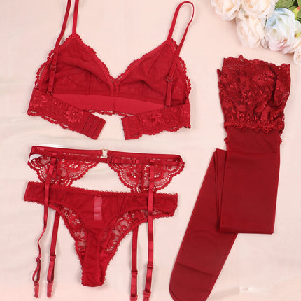 Varsbaby Lace Bra Sets for Women Non-padded Bra Panty Garter Stockings Summer Underwear Lingerie Sexy