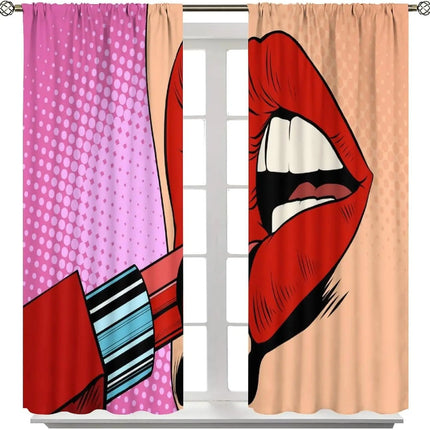 Lips Curtains, Retro Comic Pop Art Girl Applying Red Lipstick Makeup Concept Halftone Background Blackout Rod Pocket Curtains