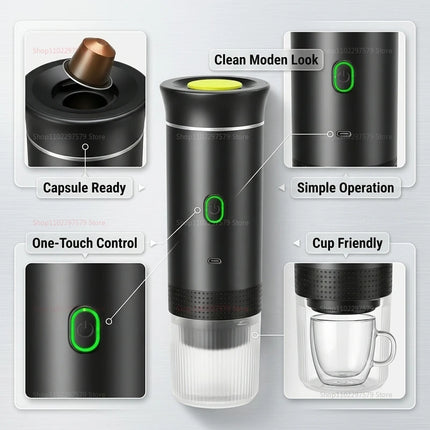 Electric Portable Espresso Coffee Maker for Car Home Camping 3-in-1 Capsule Powder Travel Coffee Machine with USB Rechargeable