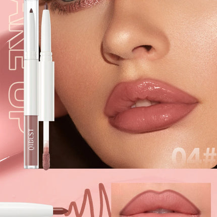 Double Head Mirror Lip Glaze 2 in 1 Lipliner Pen Water Light Lip Gloss Makeup Set Matte Velvet Lip Liner Pencil Contour Cosmetic